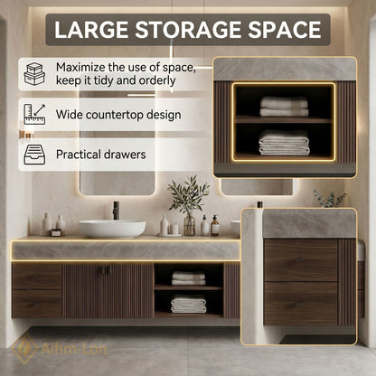 60''-96'' Double Bathroom Vanity with Sink Grey Stone Vertical Slatted Doors Shelving