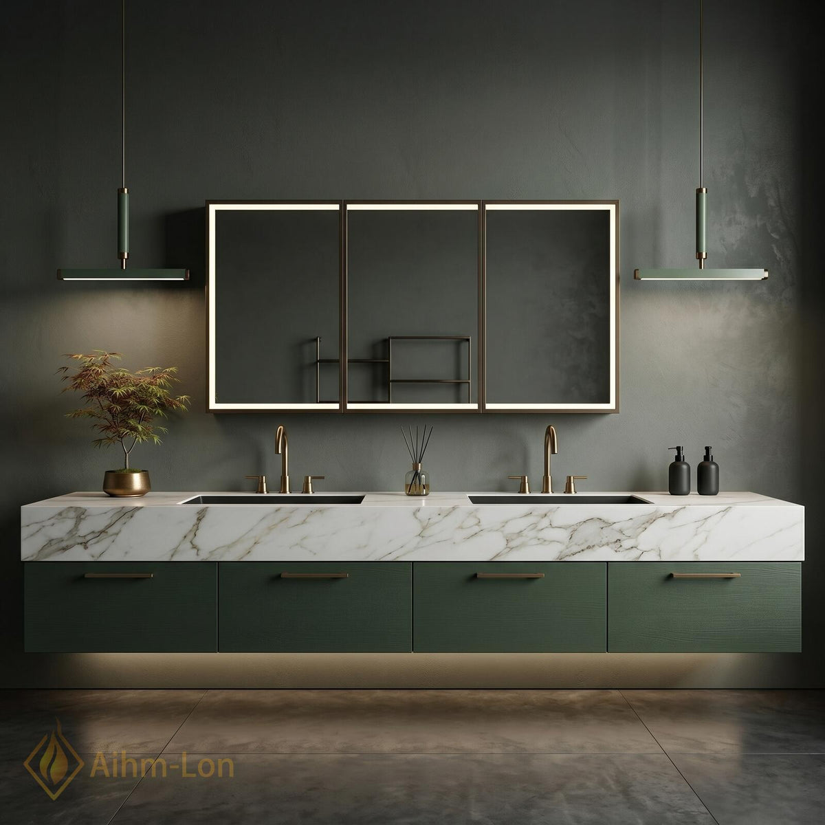 60''-96'' Double Bathroom Vanity with Sink Dark Green Textured Finish Open Shelving