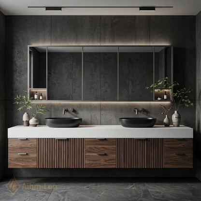 60''-96'' Double Bathroom Vanity with Sink Modern Dark Walnut Slatted Panel Floating