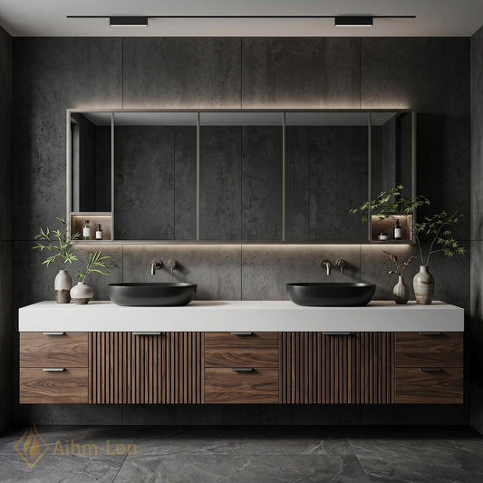 60''-96'' Double Bathroom Vanity with Sink Modern Dark Walnut Slatted Panel Floating