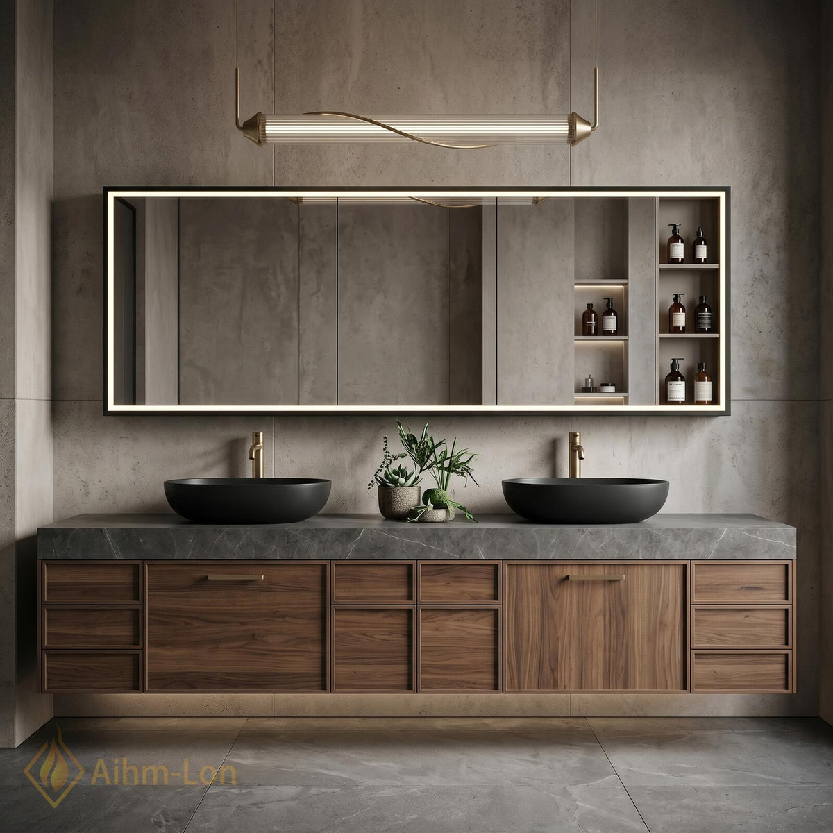 60''-96'' Double Bathroom Vanity with Sink Grey Stone Countertop Walnut Wood Drawers