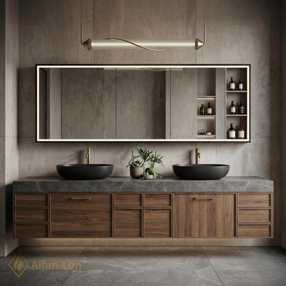 60''-96'' Double Bathroom Vanity with Sink Grey Stone Countertop Walnut Wood Drawers