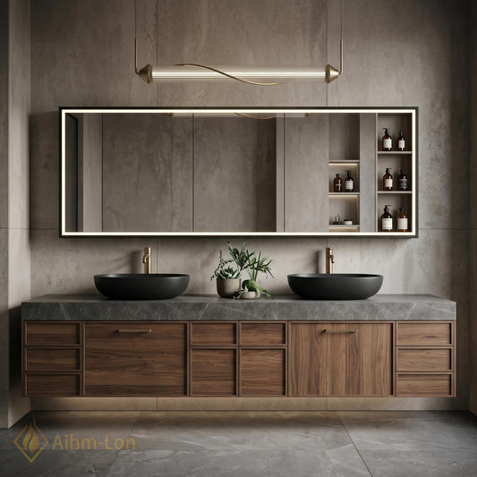 60''-96'' Double Bathroom Vanity with Sink Grey Stone Countertop Walnut Wood Drawers