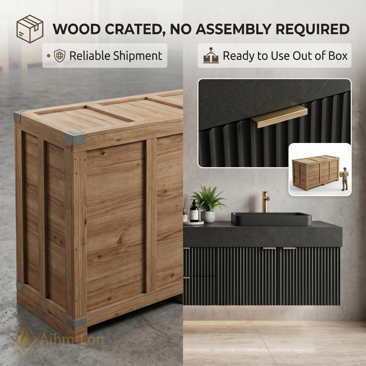 60''-96'' Double Bathroom Vanity with Sink Modern Dark Charcoal Ribbed Panels Mirror Storage