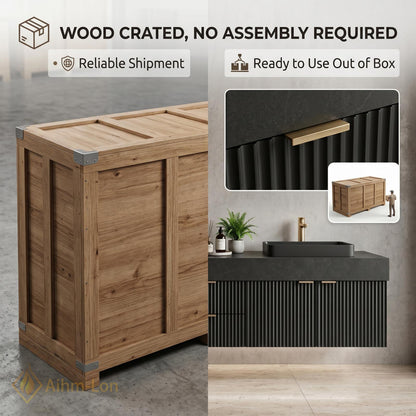 60''-96'' Double Bathroom Vanity with Sink Modern Dark Charcoal Ribbed Panels Mirror Storage