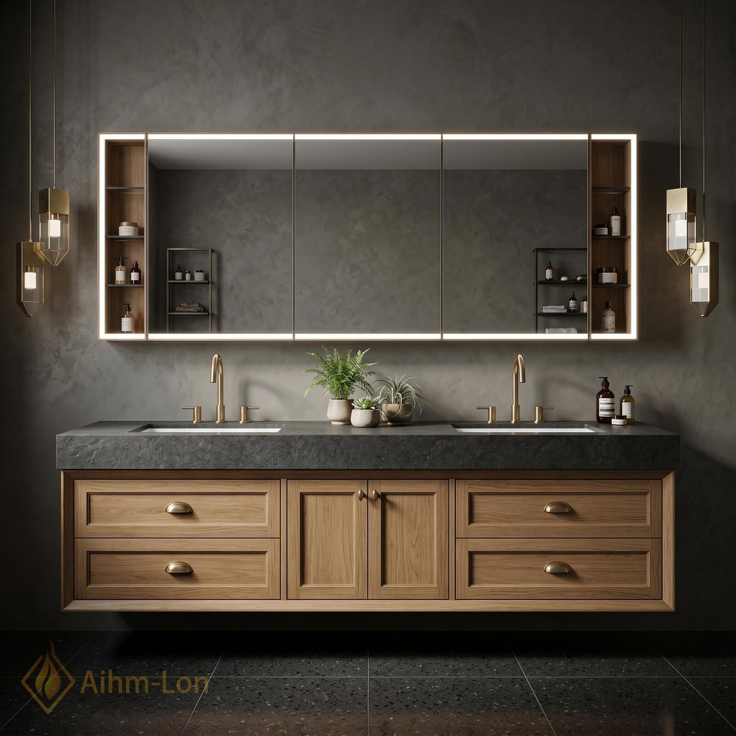 60''-96'' Double Bathroom Vanity with Sink Warm-Oak Modern Floating Doors Finish