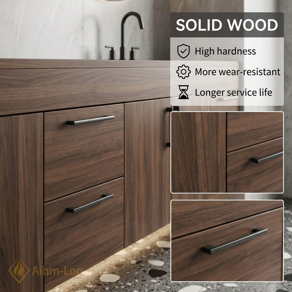 76''-96'' Double Bathroom Vanity with Sink Dark Walnut Grain Tall Drawers Storage