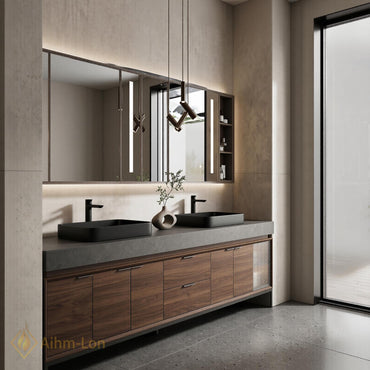 60''-96'' Double Bathroom Vanity with Sink Dark Stone Top Wood Grain Drawers