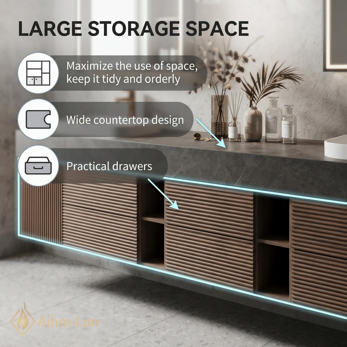 72''-96'' Double Bathroom Vanity with Sink Wood Dark Modern Floating Slatted Doors