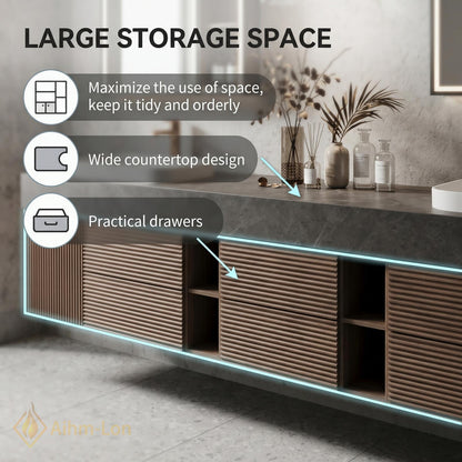 72''-96'' Double Bathroom Vanity with Sink Wood Dark Modern Floating Slatted Doors