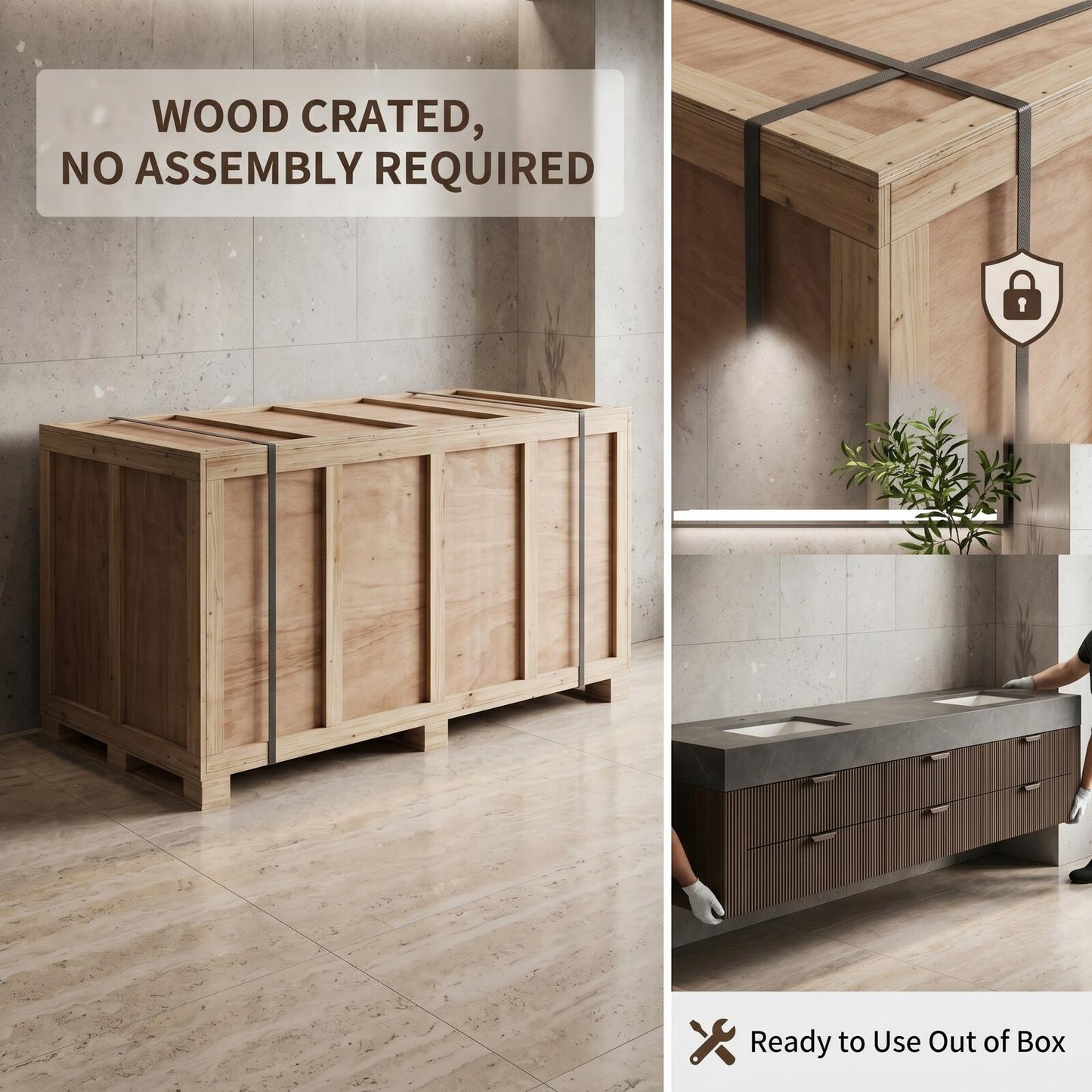 60''-96'' Modern Bathroom Vanity with Sink Double Sink Ribbed Wood Dark Stone Drawers Cabinet