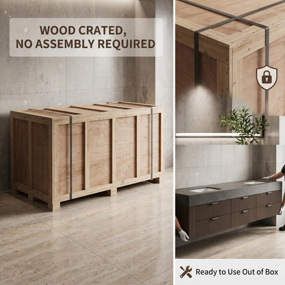 60''-96'' Modern Bathroom Vanity with Sink Double Sink Ribbed Wood Dark Stone Drawers Cabinet
