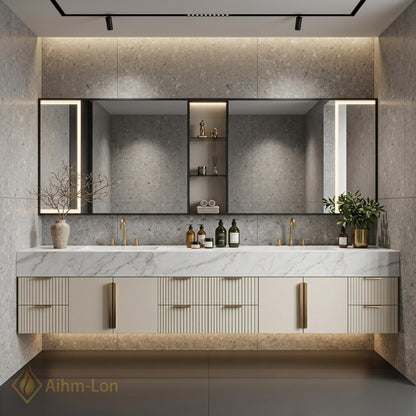 60''-96'' Double Bathroom Vanity with Sink Modern Floating Basin Ridge Textured Doors