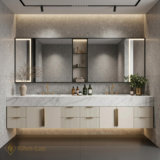 60''-96'' Double Bathroom Vanity with Sink Modern Floating Basin Ridge Textured Doors