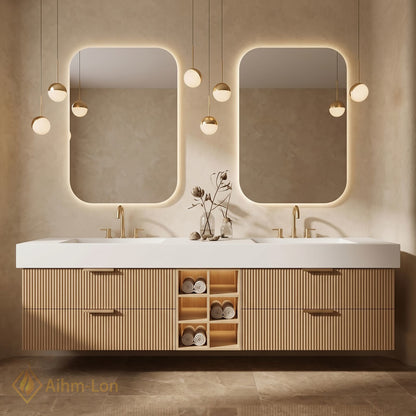60''-96'' Double Bathroom Vanity with Sink Ribbed Wood Texture Front Open Shelving