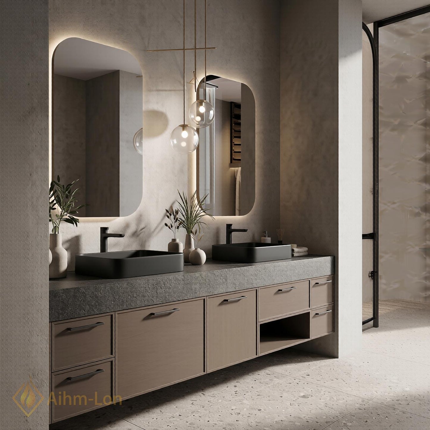 60''-96'' Double Bathroom Vanity with Sink Grey-Wood Modern Floating Grain Storage