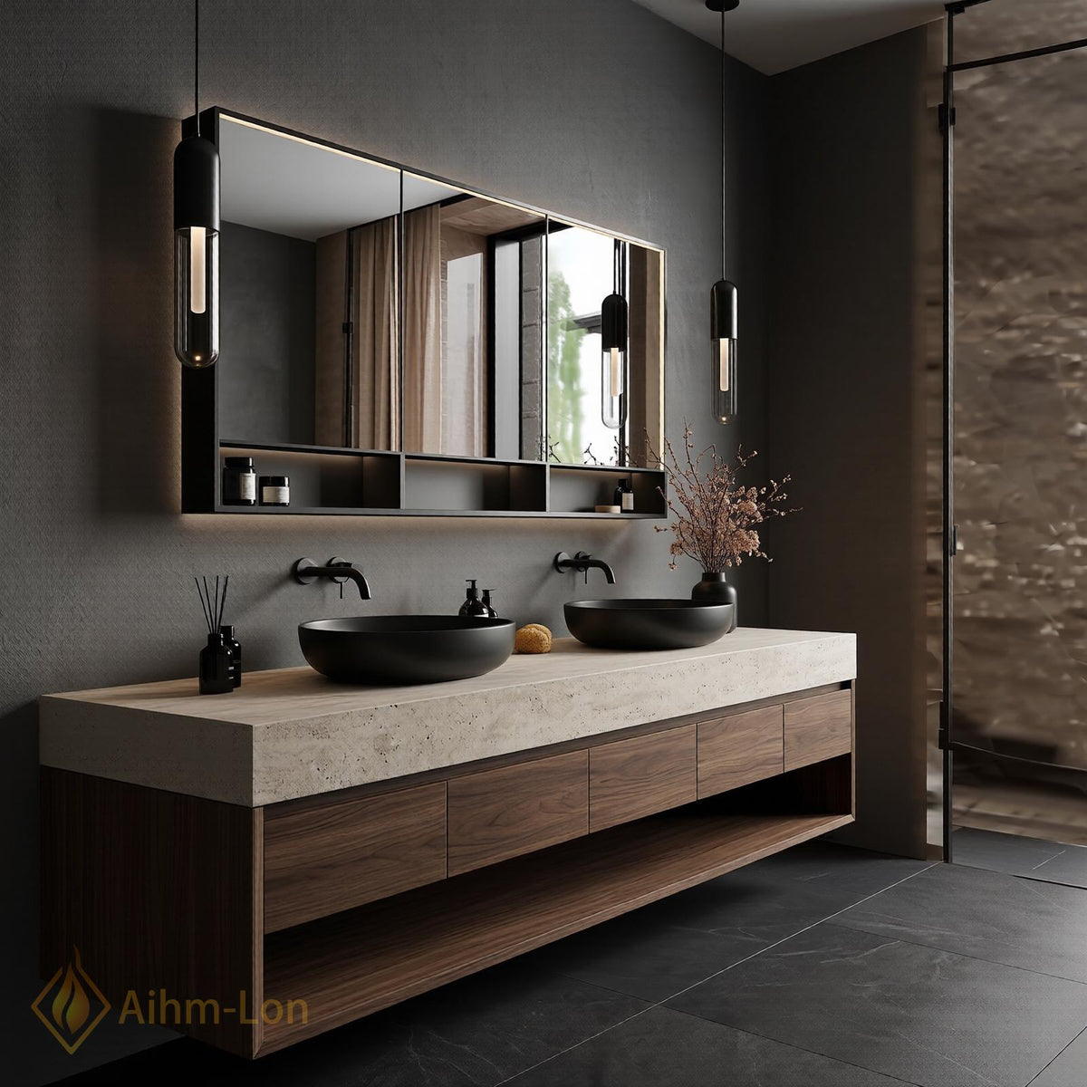 72''-96'' Double Bathroom Vanity with Sink Natural Stone Dark Wood Slab Countertop