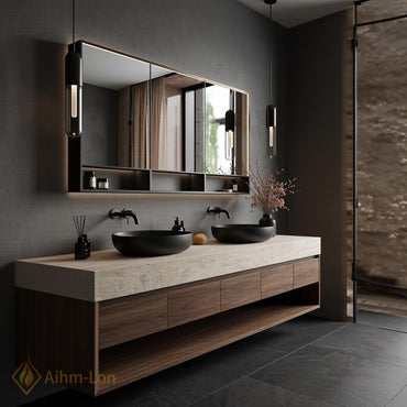 72''-96'' Double Bathroom Vanity with Sink Natural Stone Dark Wood Slab Countertop