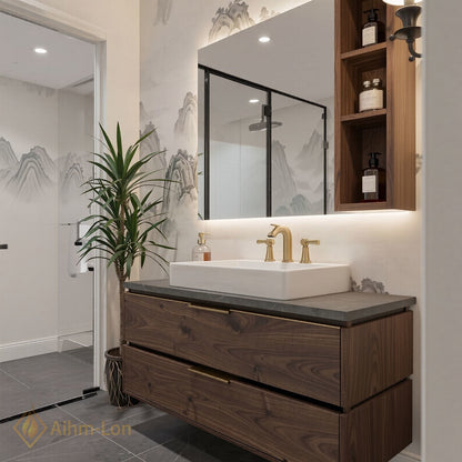 36''-64'' Modern Bathroom Vanity with Sink Floating Dark Wood Grain Smart Mirror