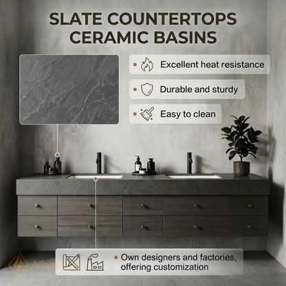 76''-96'' Double Bathroom Vanity with Sink Dark Grey Stone Wood Grain Panels