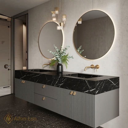 60''-96'' Bathroom Vanity with Sink Vertical Ribbed Doors Dark Marble Top Floating