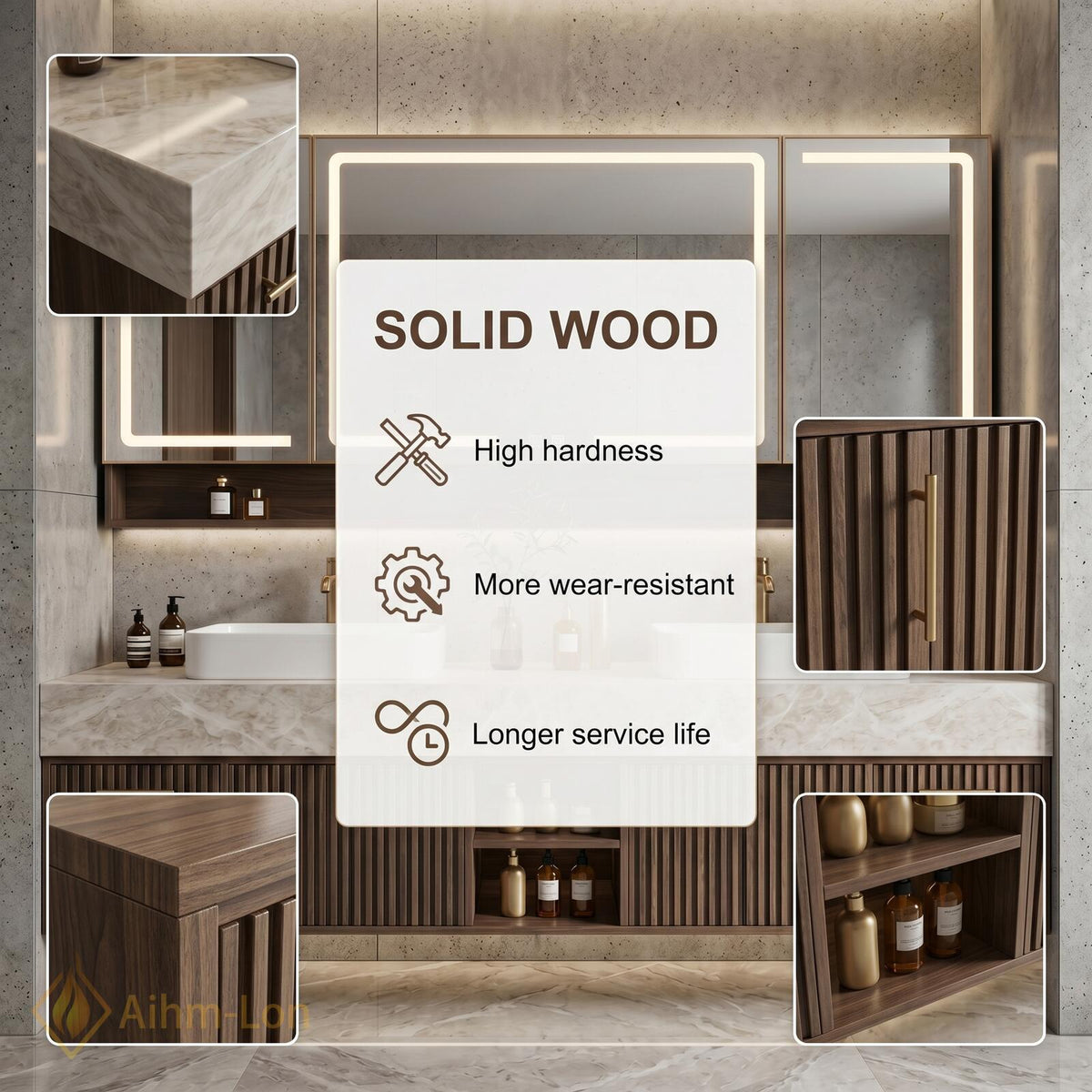 60''-96'' Double Bathroom Vanity with Sink Dark Walnut Slatted Center Panel Drawers