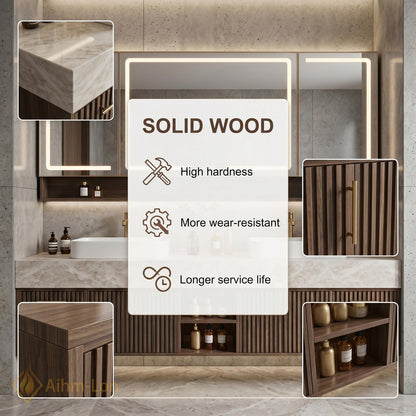 60''-96'' Double Bathroom Vanity with Sink Dark Walnut Slatted Center Panel Drawers