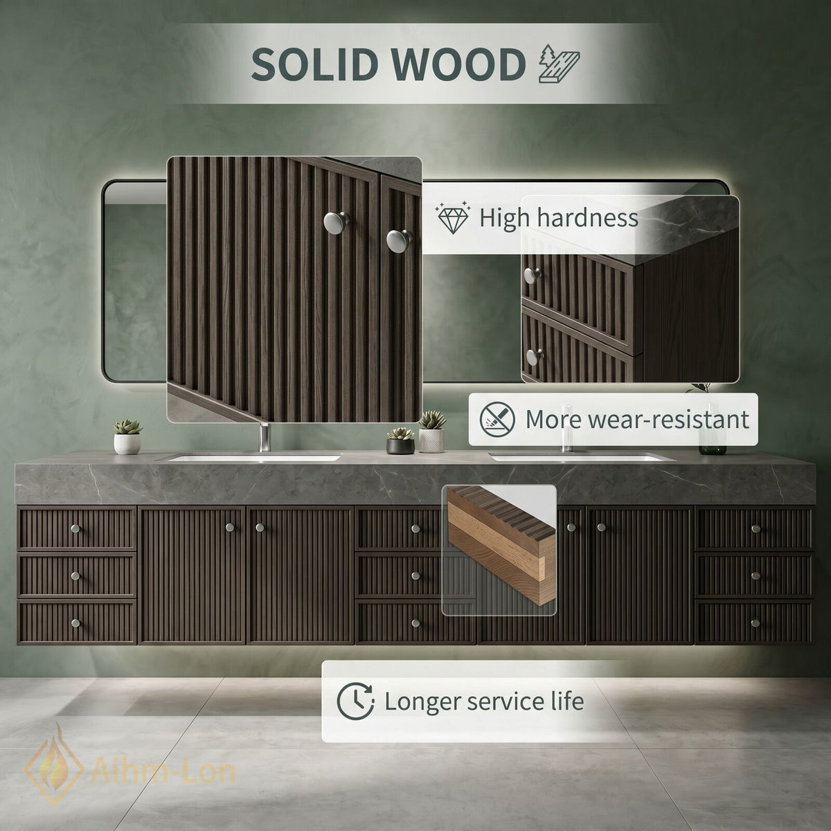 80''-96'' Double Bathroom Vanity with Sink Grey Stone Finish Slatted Wall Mounted