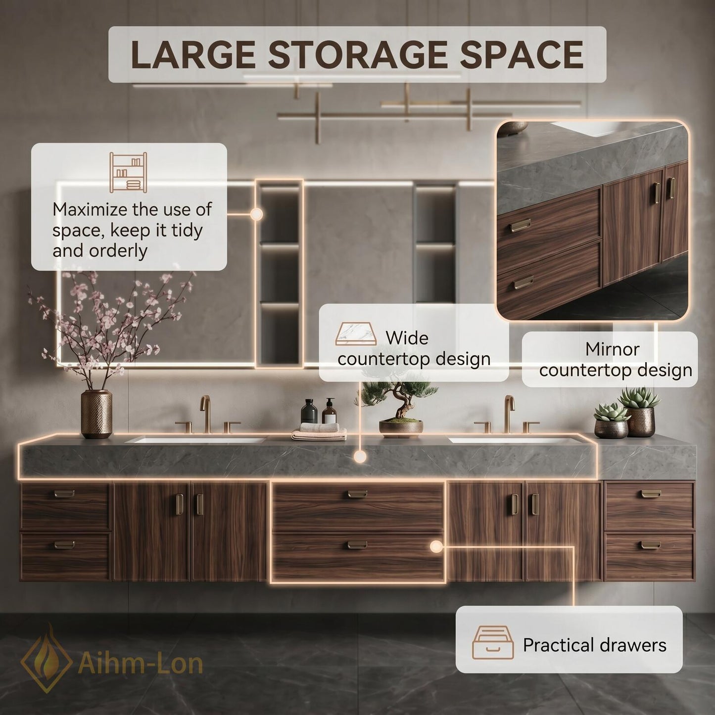 72''-96'' Double Bathroom Vanity with Sink Dark-Walnut Modern Floating Basin Stone