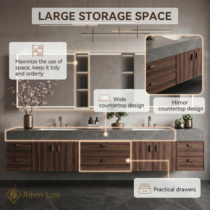 72''-96'' Double Bathroom Vanity with Sink Dark-Walnut Modern Floating Basin Stone