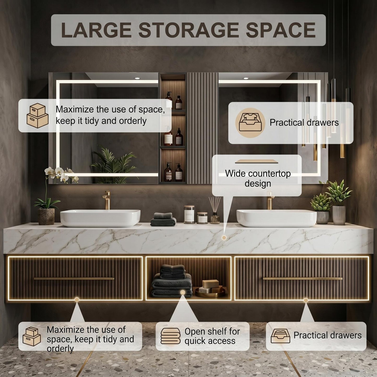 60''-96'' Modern Bathroom Vanity with Sink Double Sink White Marble Slatted Center Panel Cabinet