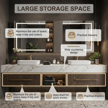 60''-96'' Modern Bathroom Vanity with Sink Double Sink White Marble Slatted Center Panel Cabinet