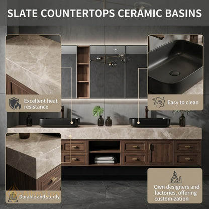 60''-96'' Double Bathroom Vanity with Sink Floating Light Marble Top Dark Wood