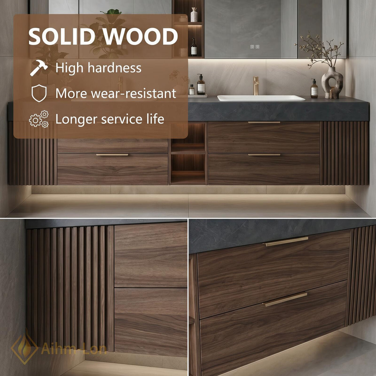 60''-96'' Double Bathroom Vanity with Sink Floating Double Walnut Finish Floating