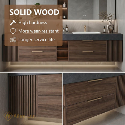 60''-96'' Double Bathroom Vanity with Sink Floating Double Walnut Finish Floating