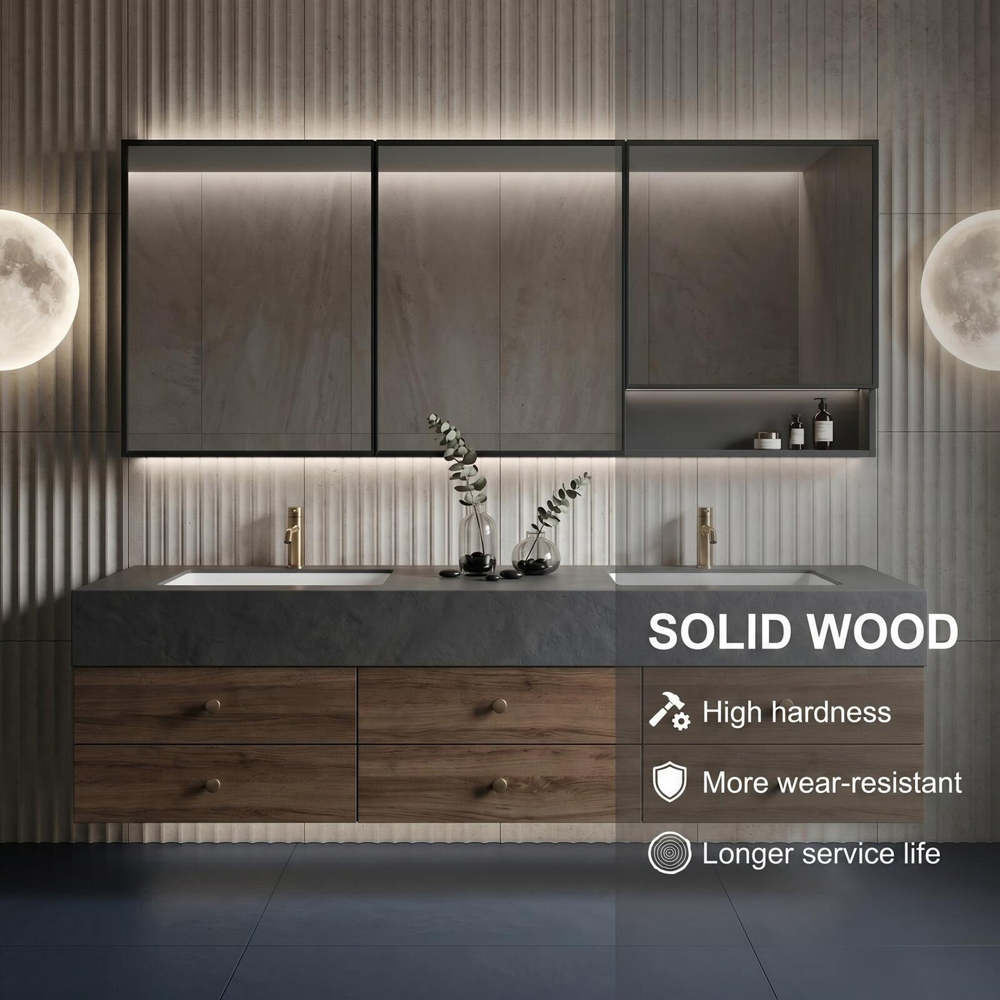 60''-96'' Modern Bathroom Vanity with Sink Double Sink Dark Slate Geometric Drawers Cabinet