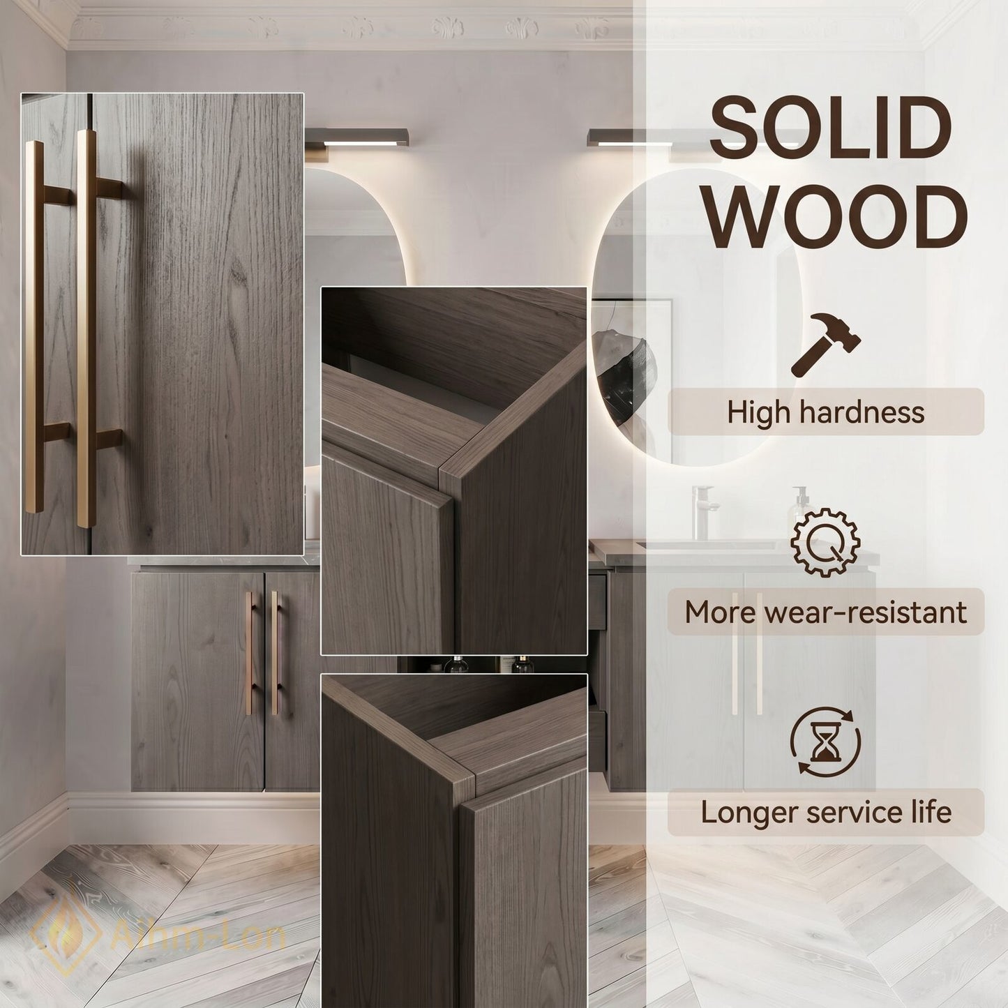 60''-96'' Modern Bathroom Vanity with Sink Wood Grain Oval Mirrors Open Center Storage