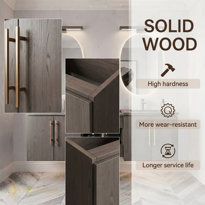 60''-96'' Modern Bathroom Vanity with Sink Wood Grain Oval Mirrors Open Center Storage