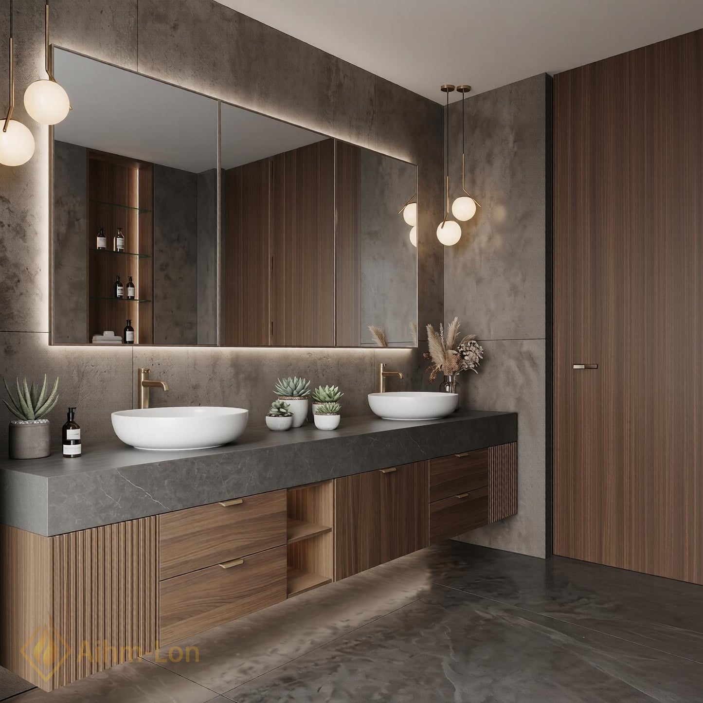 72''-96'' Double Bathroom Vanity with Sink Dark-Walnut Modern Center Floating Shelving