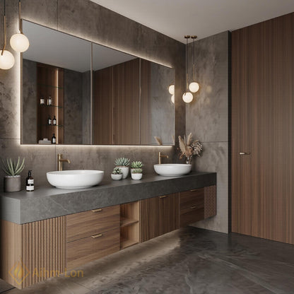 72''-96'' Double Bathroom Vanity with Sink Dark-Walnut Modern Center Floating Shelving