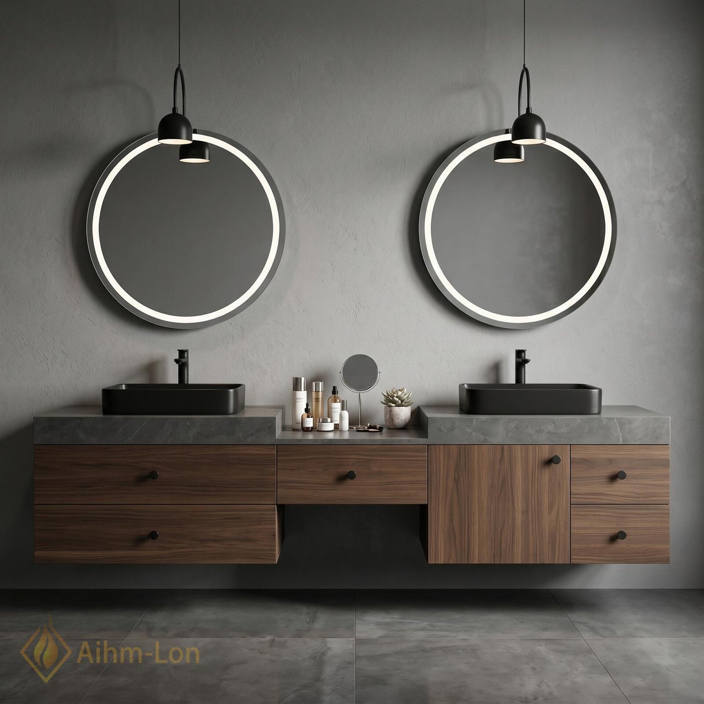 60''-96'' Double Bathroom Vanity with Sink Dark-Wood Modern Floating Grain Slatted