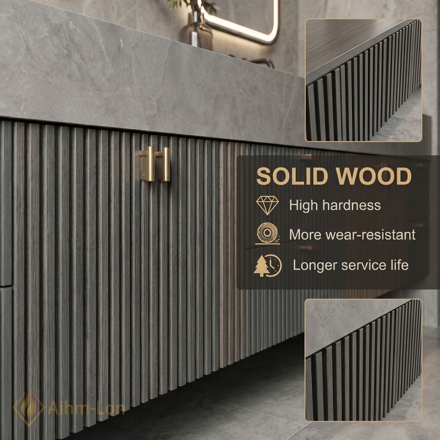 76''-96'' Double Bathroom Vanity with Sink Modern Wood-Grain Slatted Illuminated Anti Fog