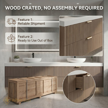 60''-96'' Double Bathroom Vanity with Sink Slatted Wood Finish Open Storage Decor