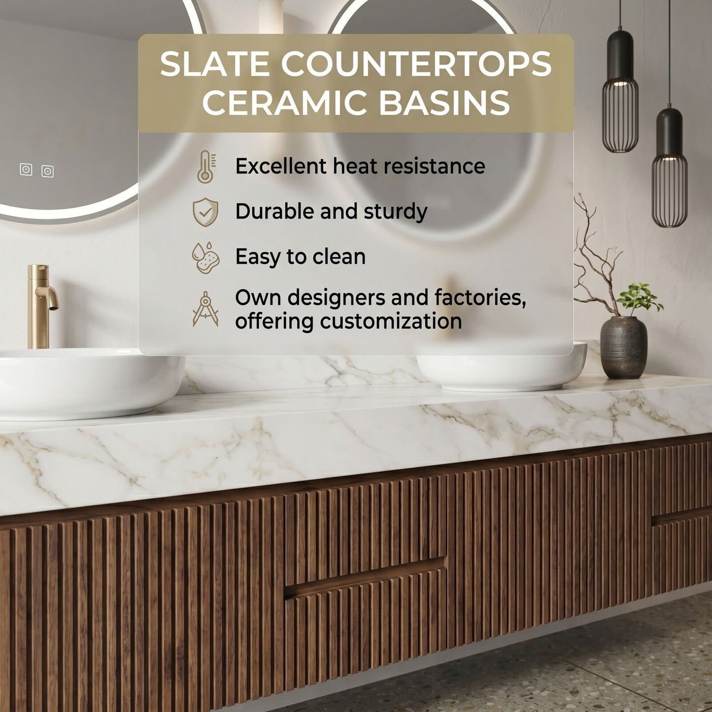 60''-96'' Modern Bathroom Vanity with Sink Double Sink Vertical Slatted Marble-look Drawers
