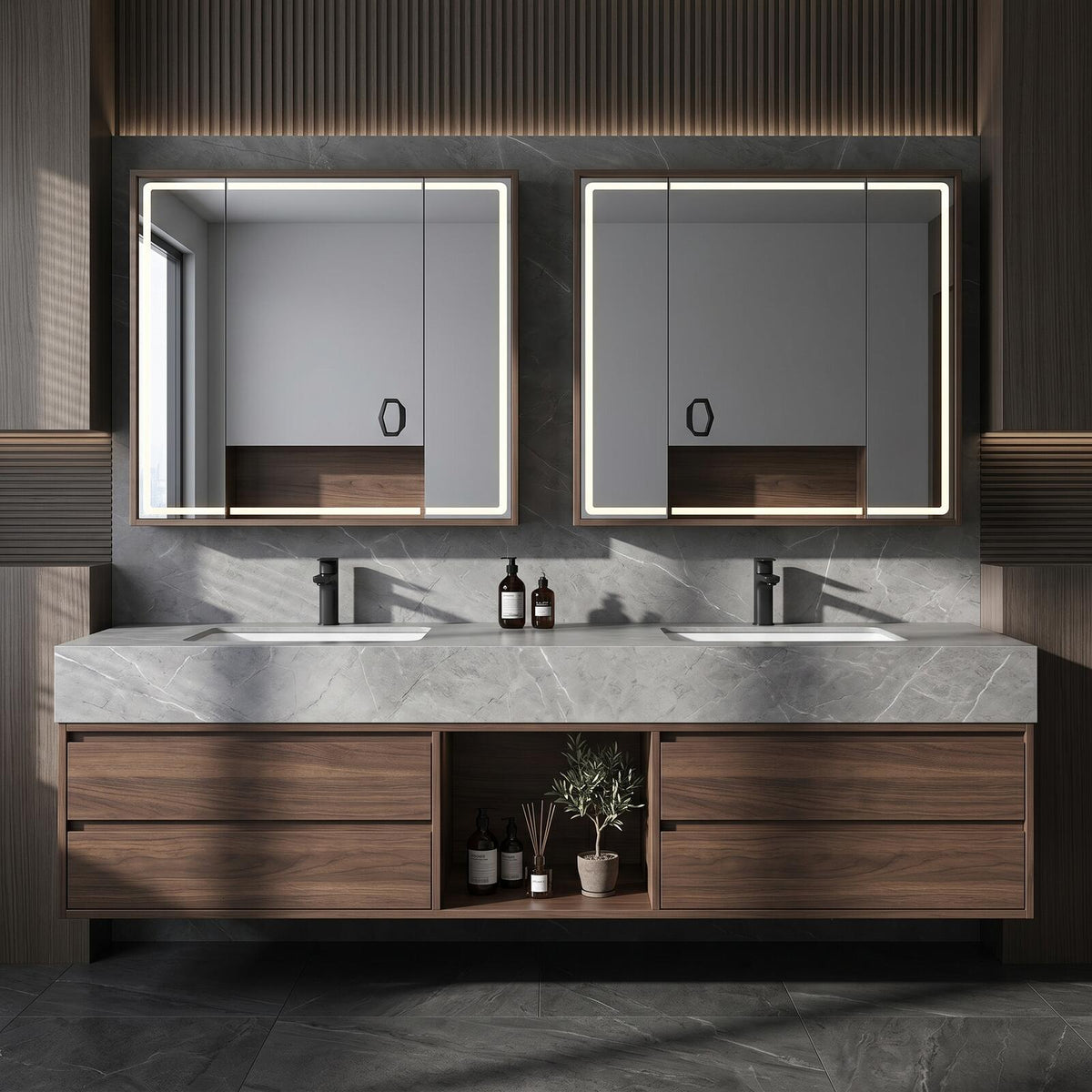 60''-96'' Double Bathroom Vanity with Sink Floating Dark Walnut Finish Marble-Look Top