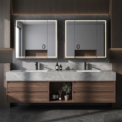 60''-96'' Double Bathroom Vanity with Sink Floating Dark Walnut Finish Marble-Look Top