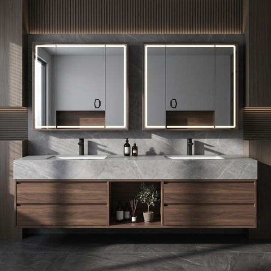 60''-96'' Double Bathroom Vanity with Sink Floating Dark Walnut Finish Marble-Look Top