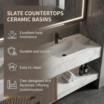 60''-96'' Double Bathroom Vanity with Sink Grey Stone Effect Vertical Slatted Panels