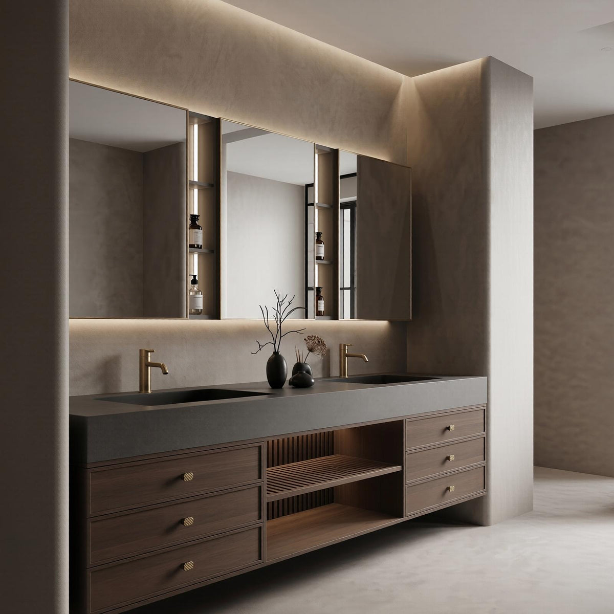60''-96'' Double Bathroom Vanity with Sink Modern Floating Dark Wood Finish Open Shelving