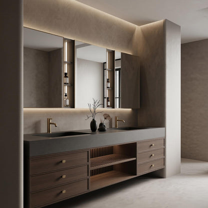 60''-96'' Double Bathroom Vanity with Sink Modern Floating Dark Wood Finish Open Shelving